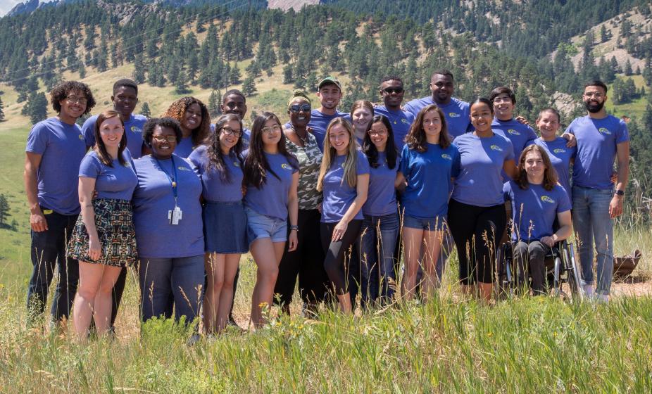 SOARS 2019 cohort outside Mesa lab with Flatirons in background